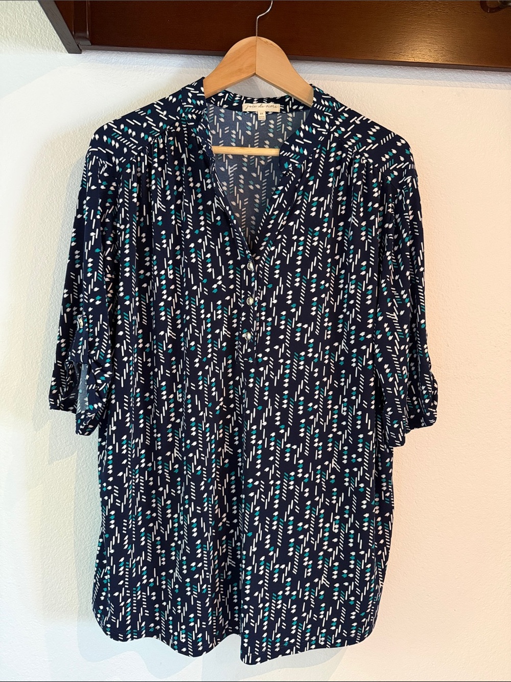 Joie Di Vivre Abstract Patterned Split Beck Button-Front Tunic Blouse, Navy